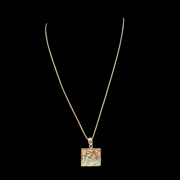 Vtg Abalone Shell Mosaic Square Pendant Sterling Silver Gold Tone Necklace Sea - Picture 9 of 16